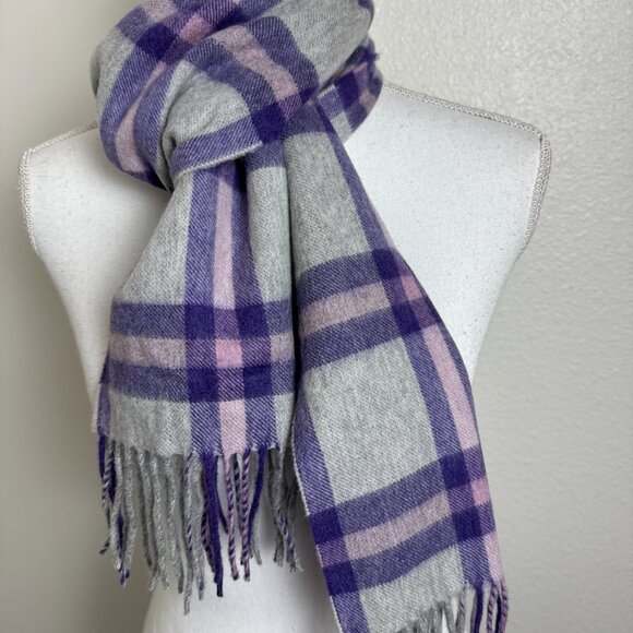 NWOT 100% Cashmere Scarf UNISEX  Plaid Gray & Purple - Picture 2 of 6